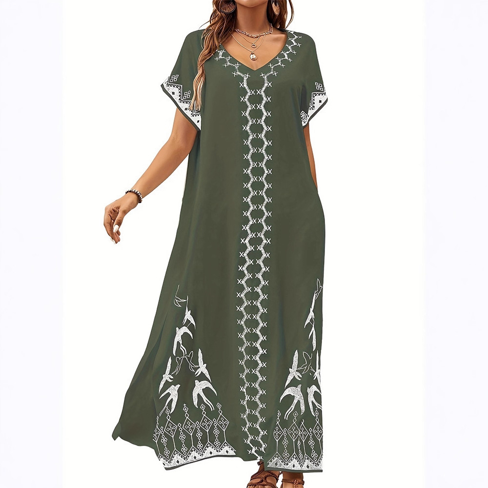 Bohemian Geometric Print V-Neck Batwing Sleeve Maxi Dress