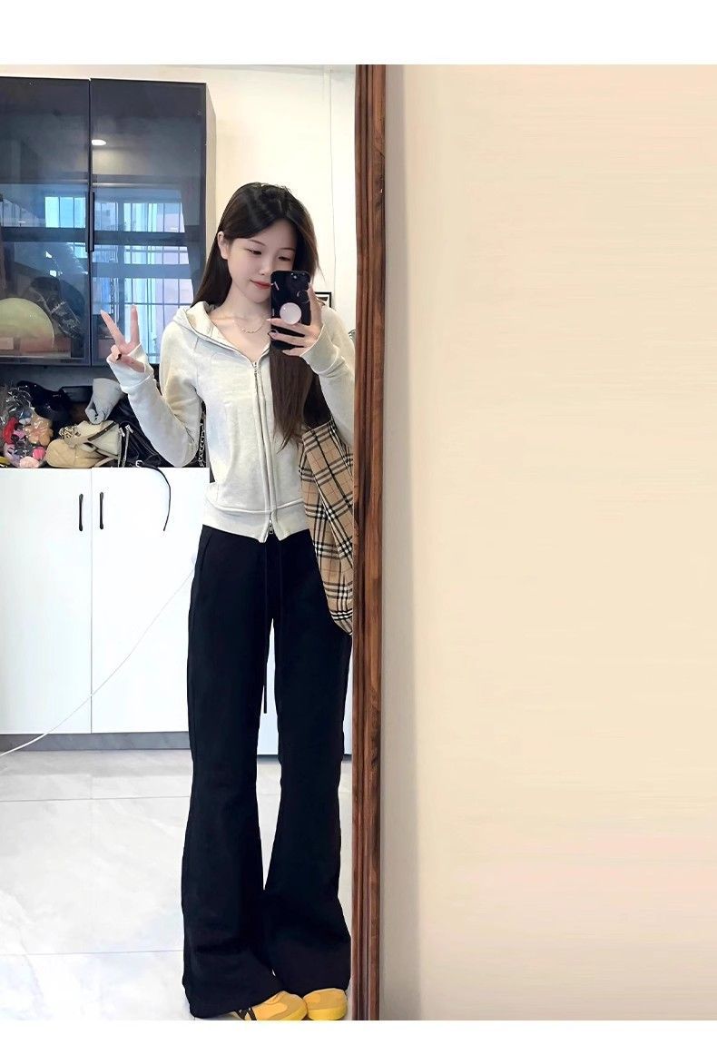 Dark Gray American-Style Flared Sweatpants for Women High-Waist Slimming Fleece-Lined