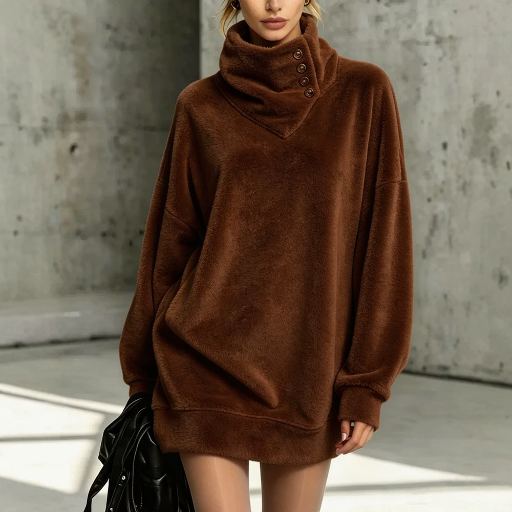 American Retro Button-Front Fleece Hoodie Women's Loose Mid-Length
