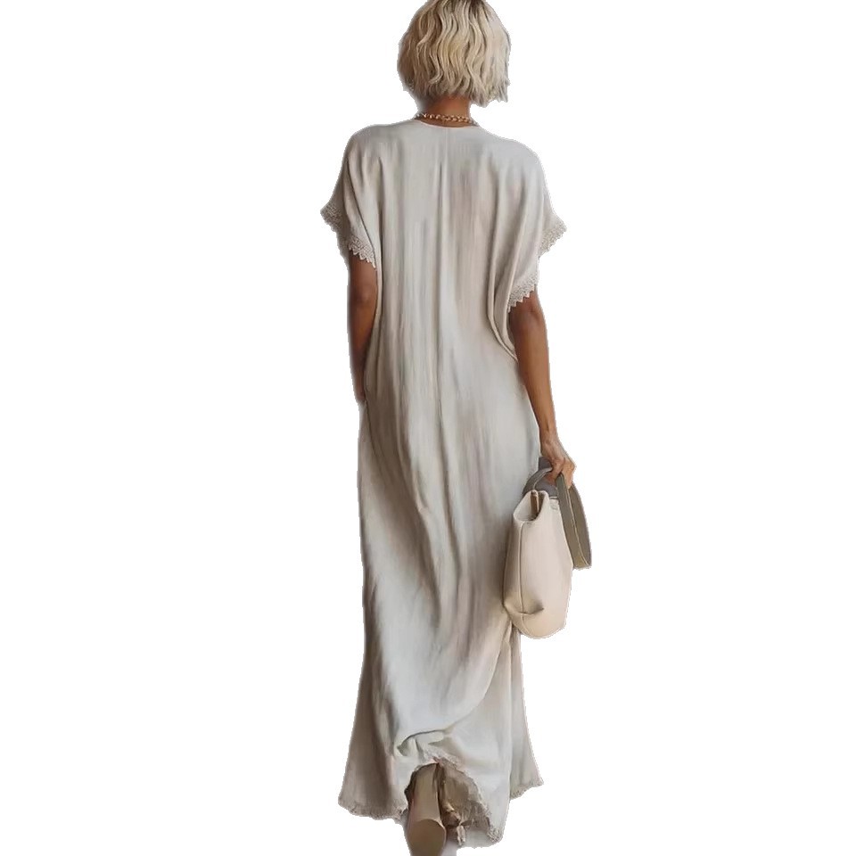 Women's Lace Trim Loose Linen Cotton Long Dress