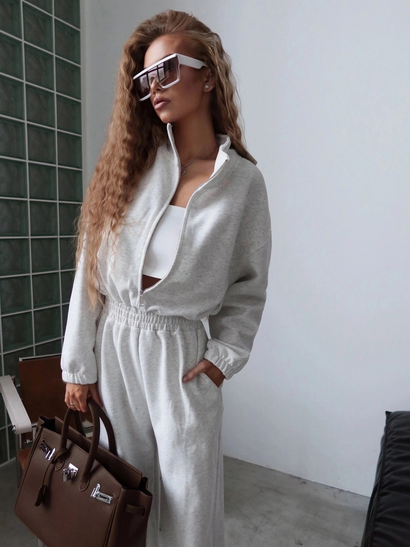Women's Cotton-Blend Long-Sleeve Zip-Front Collared Jumpsuit Solid Color