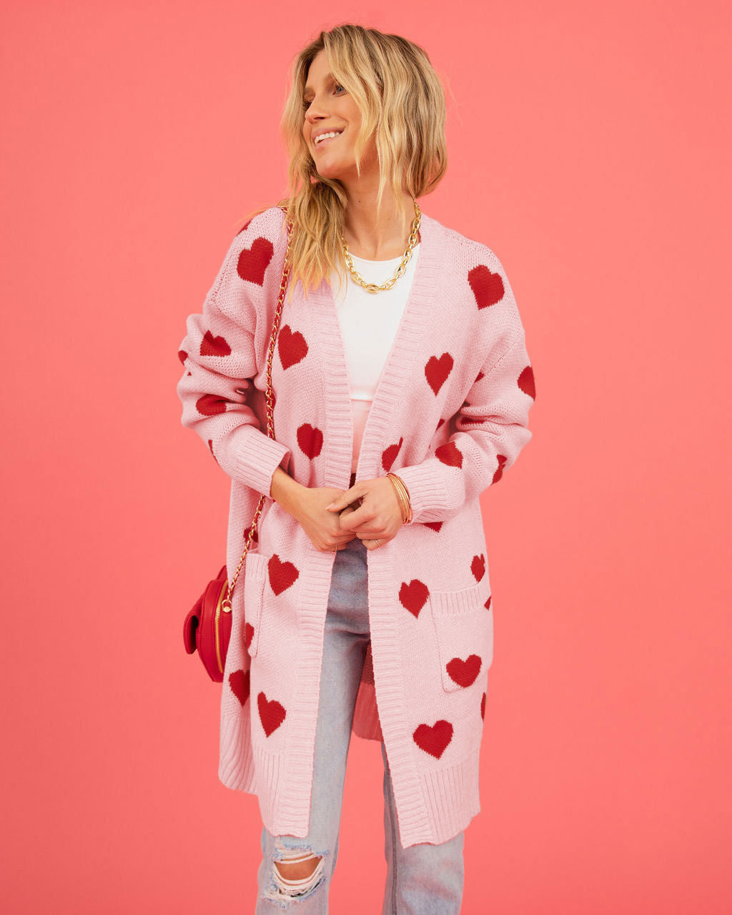 Heart Jacquard V-Neck Midi Cardigan Sweater Coat with Pockets