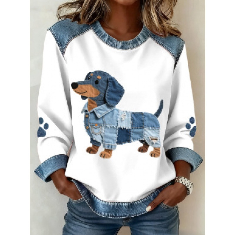 3D Print Colorblock Denim Collar Pullover Sweatshirt Women's Long Sleeve Loose Fit