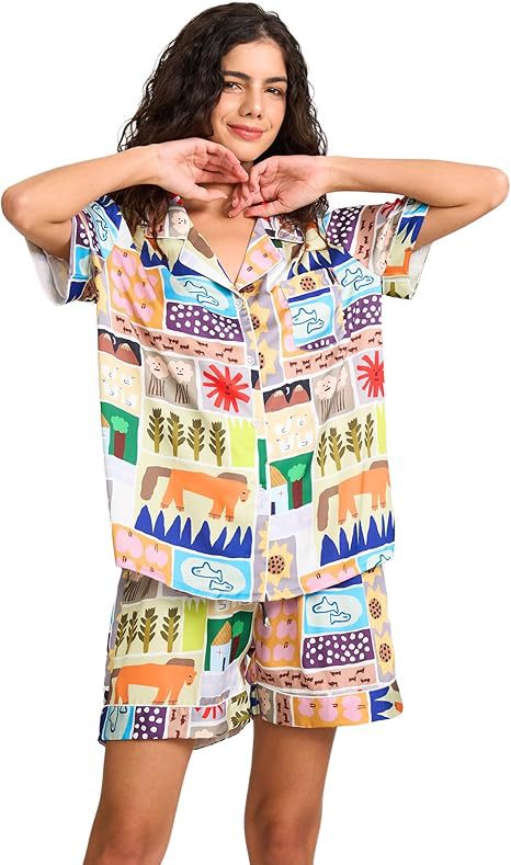 Women's Cuban Collar Satin Striped Print Short Sleeve Shirt Set