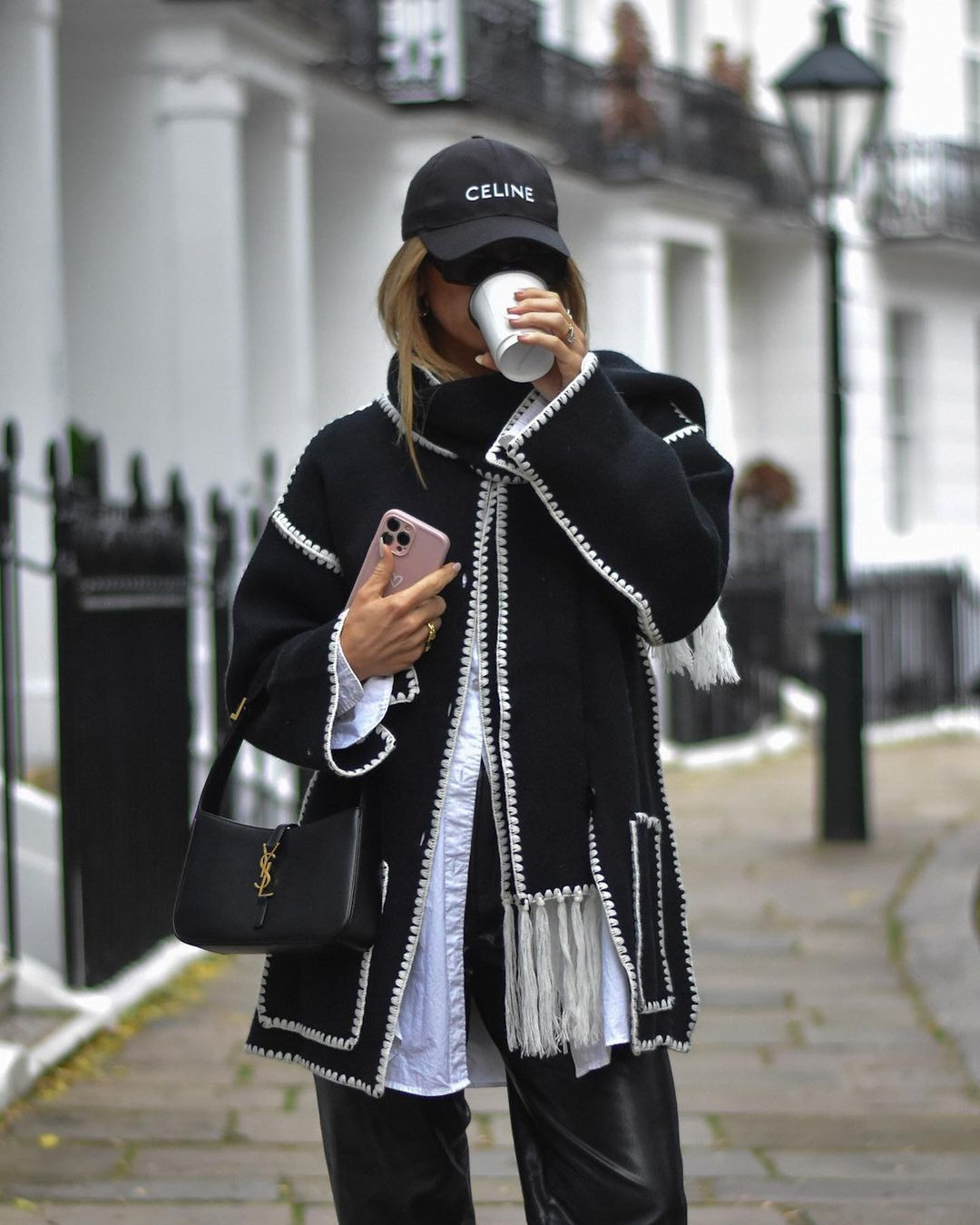 Women's Fringe Wool-Blend Coat with Scarf, Loose Fit