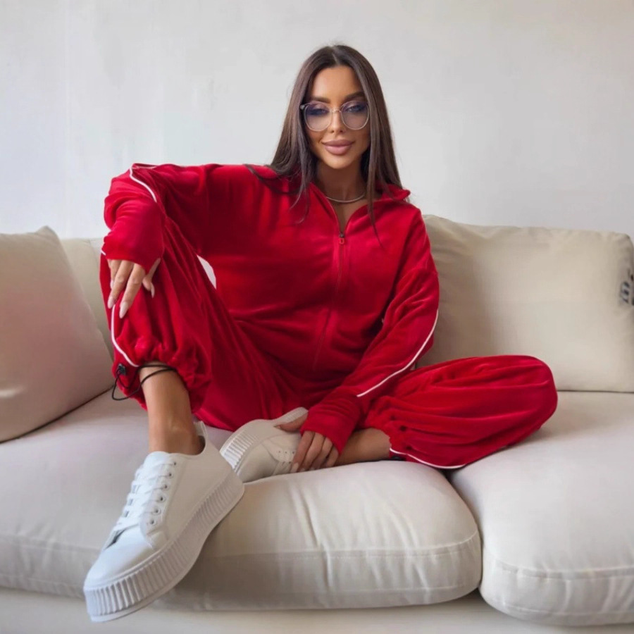 Women's Solid Corduroy Long Sleeve Zip-Up Hoodie and Pants Set