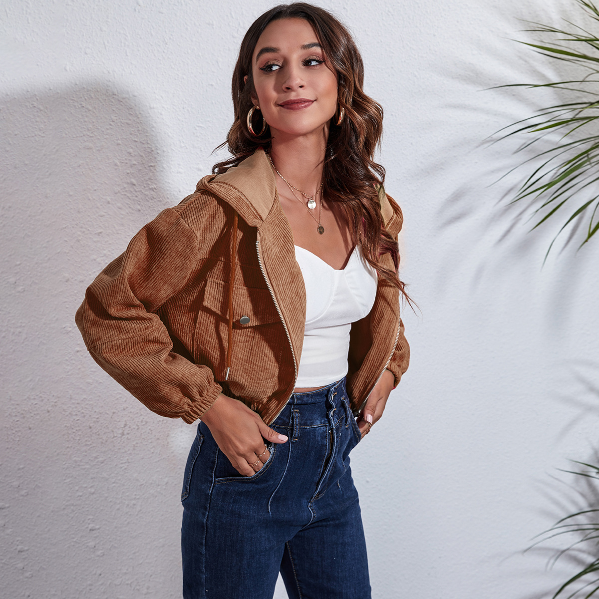 Corduroy Hooded Jacket Women's Loose Drop Shoulder Long Sleeve Cropped Coat