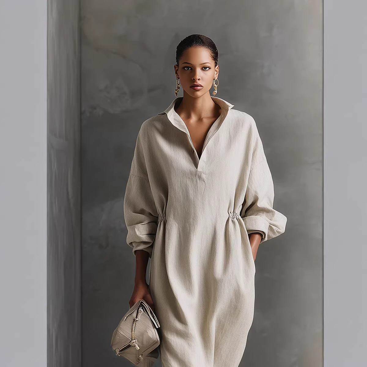 Elegant Long Sleeve V-Neck Slit A-Line Maxi Dress
