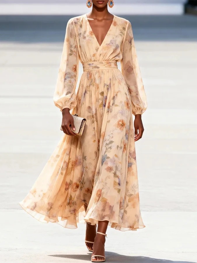 Floral Print V-Neck Waist-Cinched Midi Chiffon Dress with Lantern Sleeves