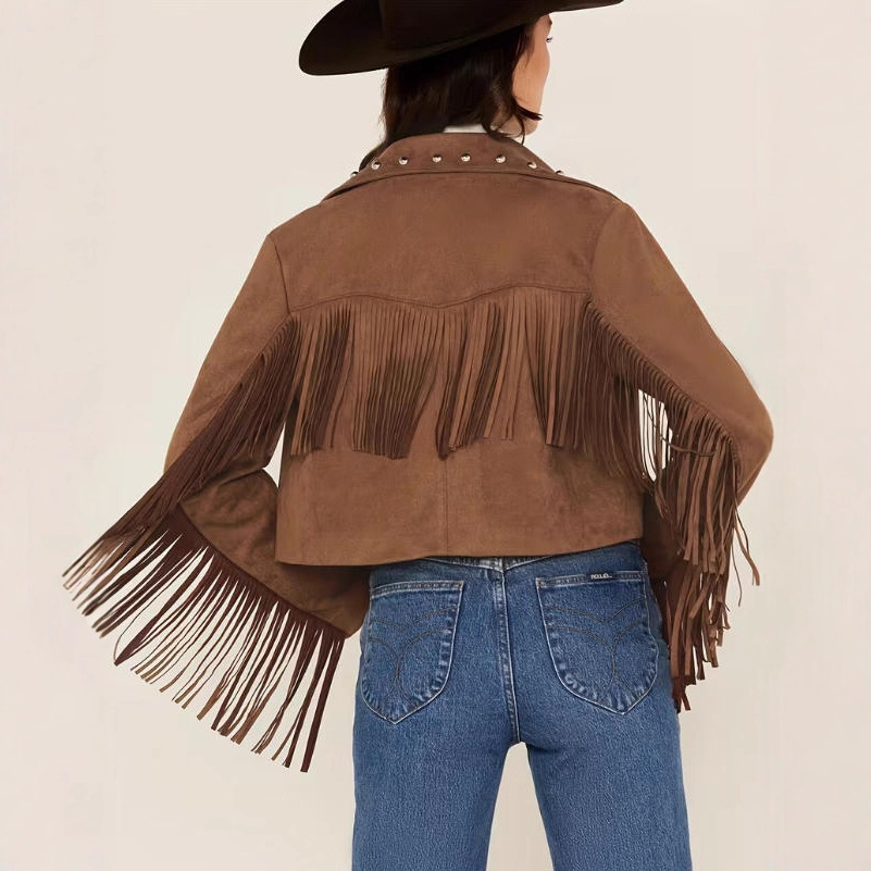 Fringe Suede Vest with Studs Sleeveless Hippie Jacket Cropped