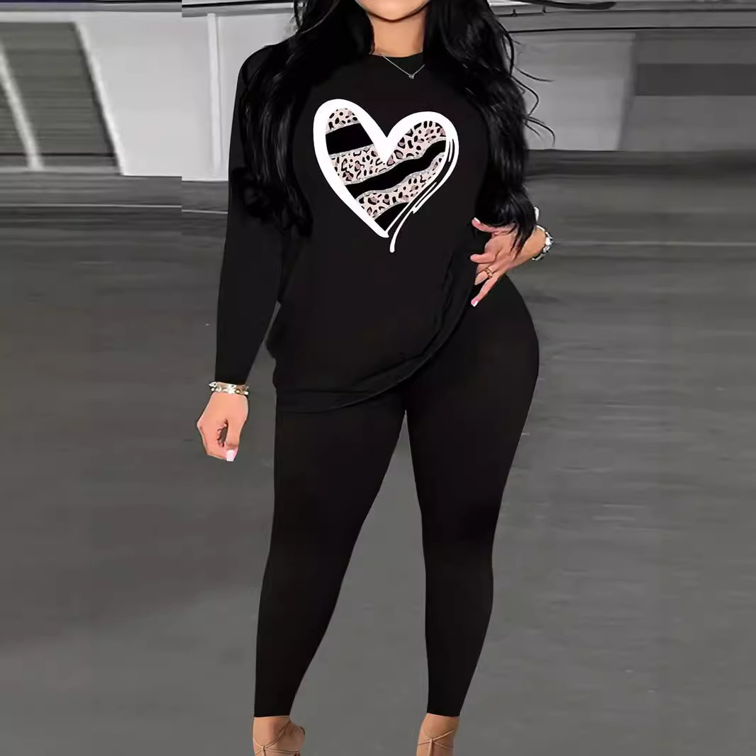 Letter Heart Print Loose Casual Round Neck Two-Piece Pants Set