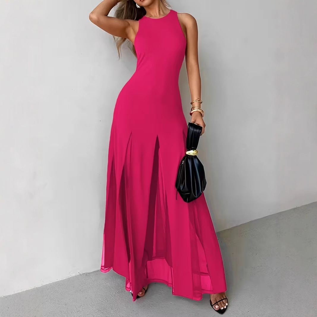 Elegant Sleeveless Chiffon Maxi Dress with Sheer Slit Hem