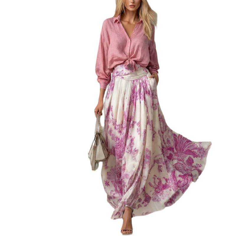 French Vintage Oil Painting Print Shirt and Skirt Two-Piece Set Women's Vacation Outfit