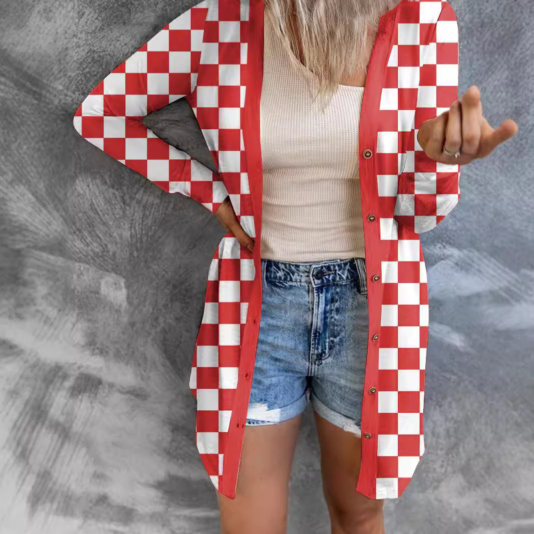 Women's Long Plaid Loose Knit Cardigan
