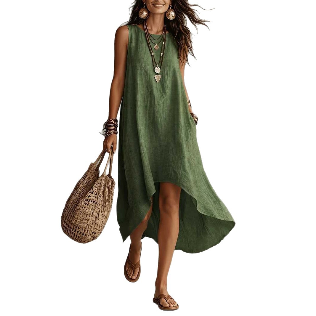 Solid Sleeveless A-Line Maxi Dress Round Neck Loose Fit