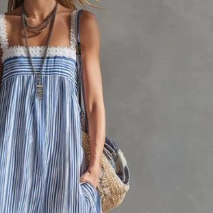 Elegant Blue Striped Square Neck Lace Trim Long Dress