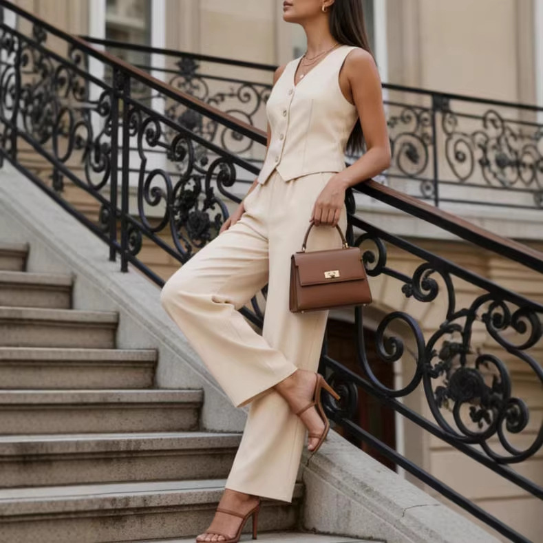 Women's Sleeveless Vest and Pants Two-Piece Set Solid Color Casual