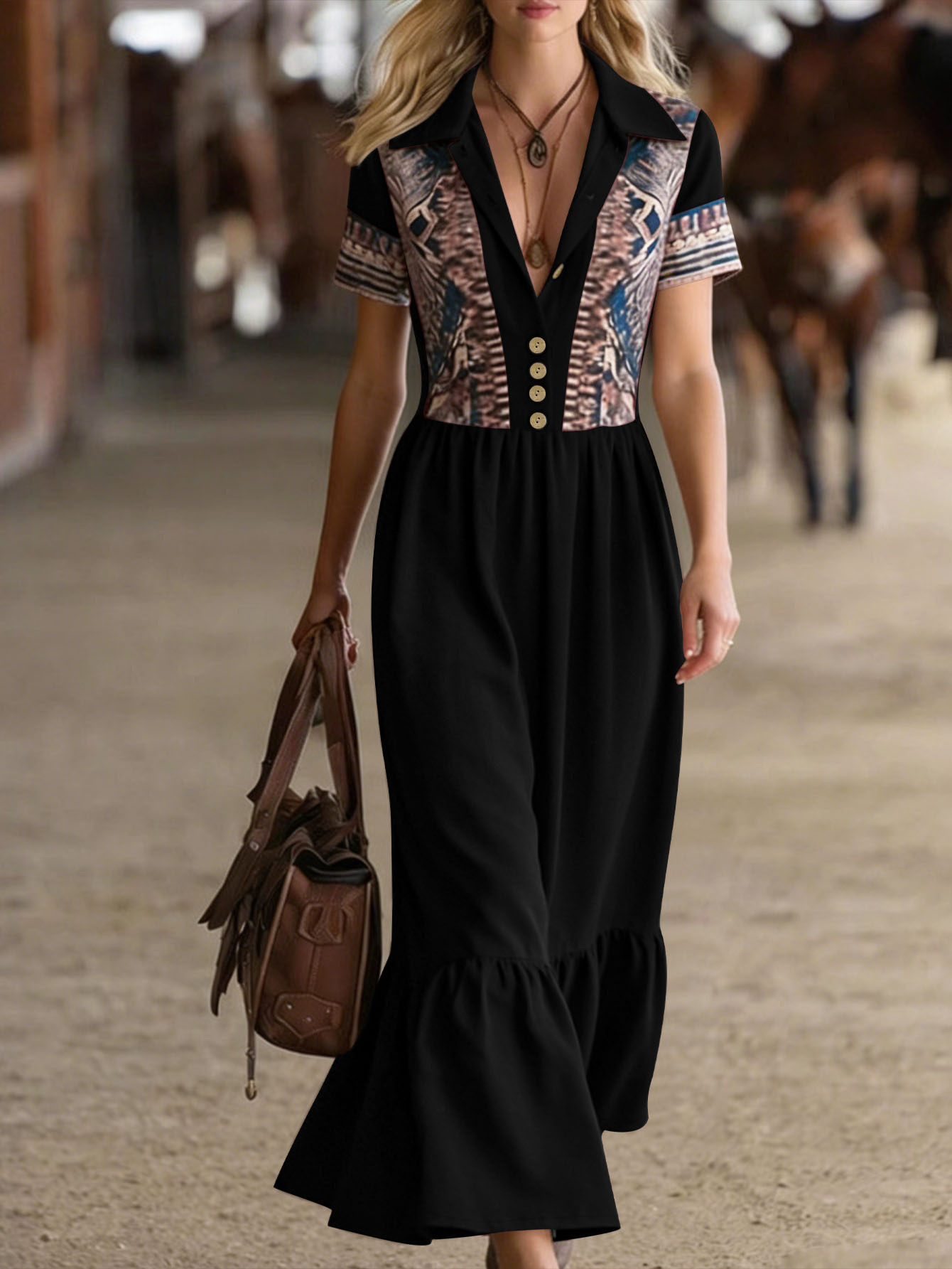 Aztec Print Collared Short Sleeve A-Line Maxi Dress
