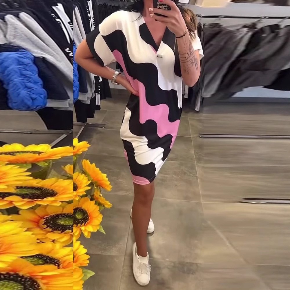 3D Print Short Sleeve V-Neck Cinched Waist Midi Dress