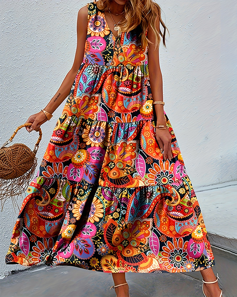 Floral Print V-Neck Sleeveless Maxi Dress