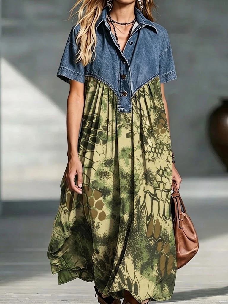 Retro Denim Patchwork Print Loose Casual Dress