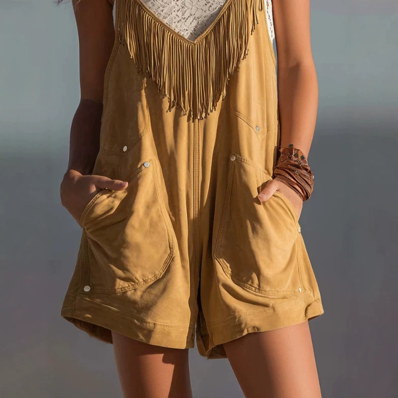 Western Boho Fringe Faux Suede Sleeveless Romper