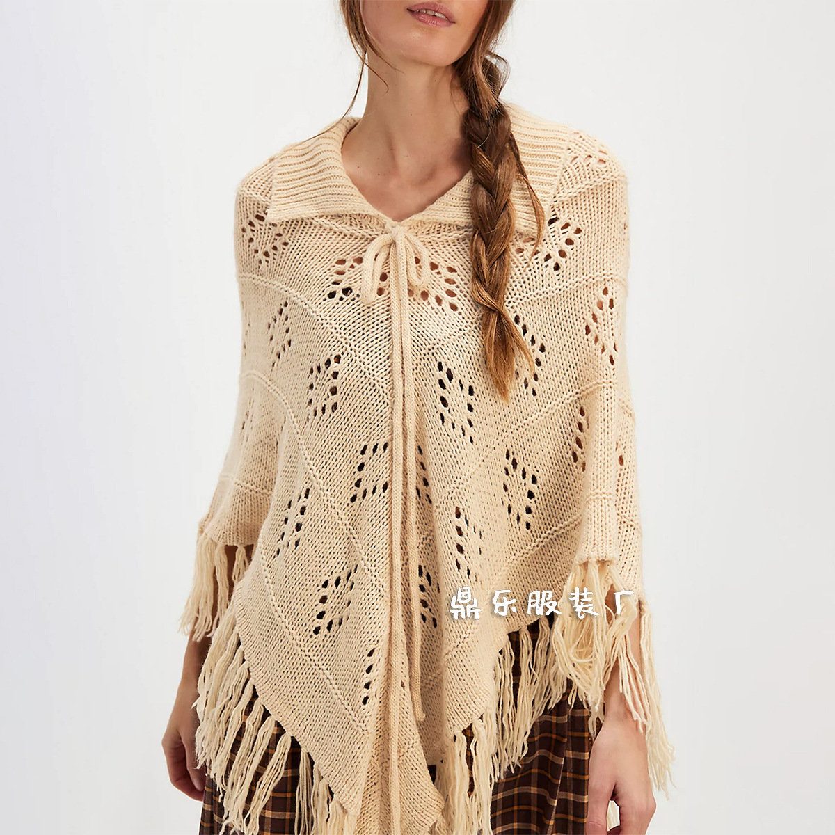 Fringed Knit Cape Poncho Sweater