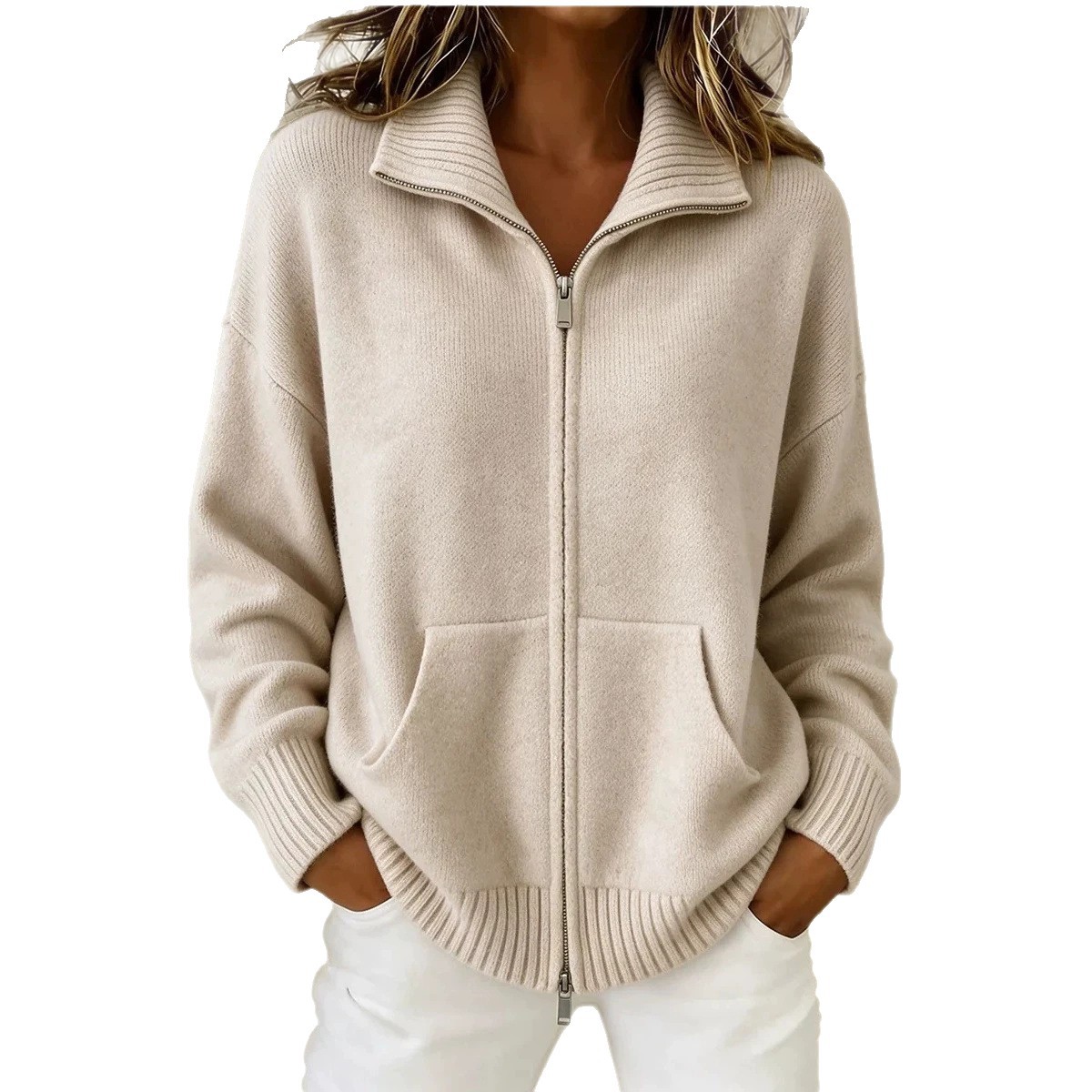 Women's Knit Polo Collar Zip-Up Sweatshirt