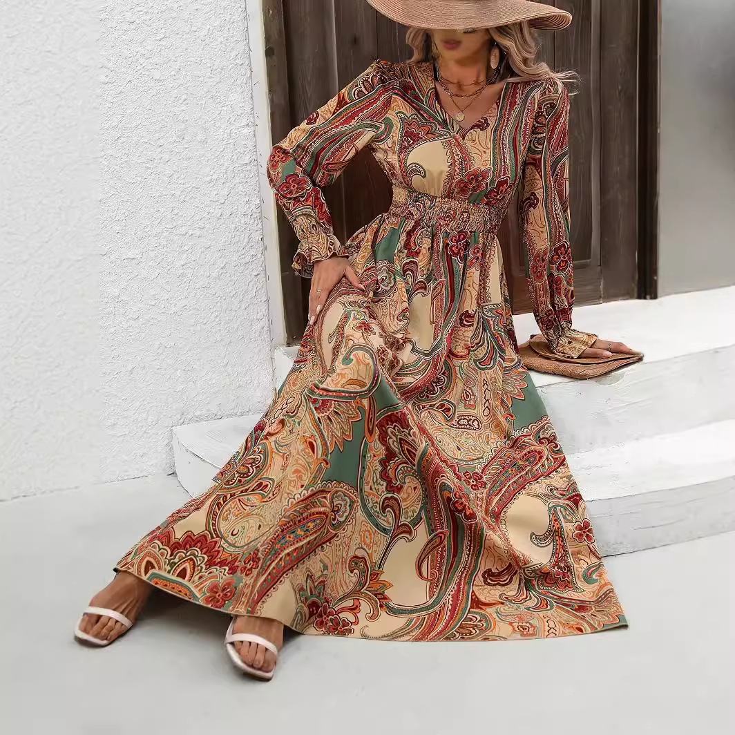 Women's Floral Print V-Neck Long Sleeve Maxi Dress