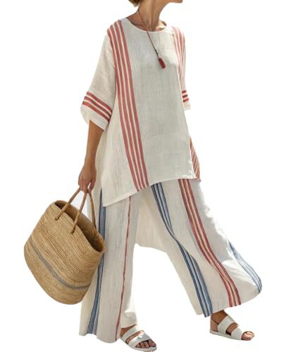 Women's Striped Print Crewneck 3/4 Sleeve Top & Pants Casual Set