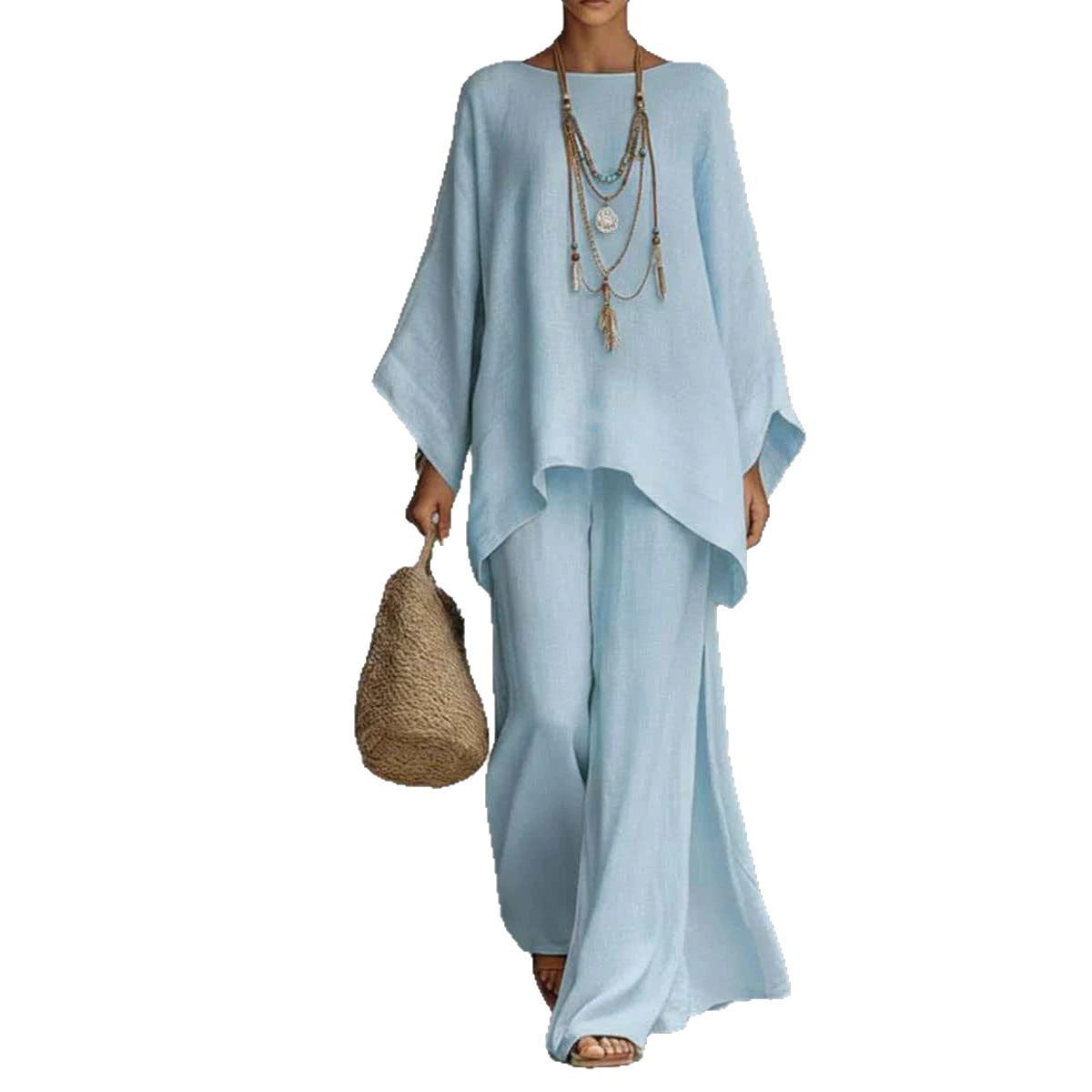 Women's Linen-Blend Shirt & Wide-Leg Pants Casual Set