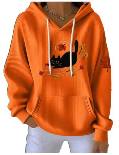 Women's Cat & Maple Leaf Print Casual Hoodie