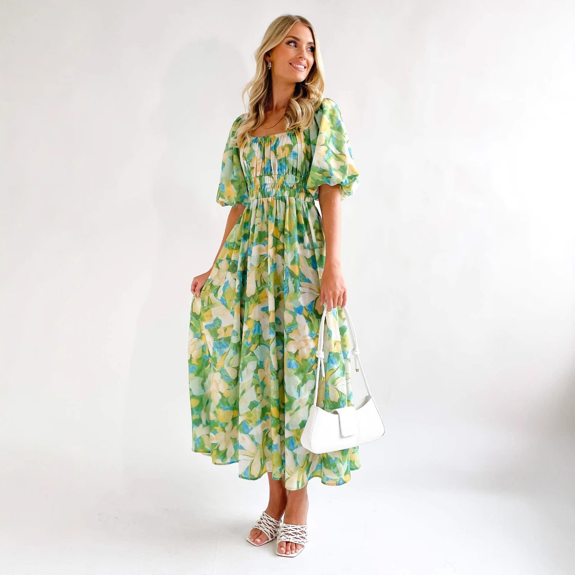 Women's Square Neck Floral Print Puff Sleeve High Waist Long Dress