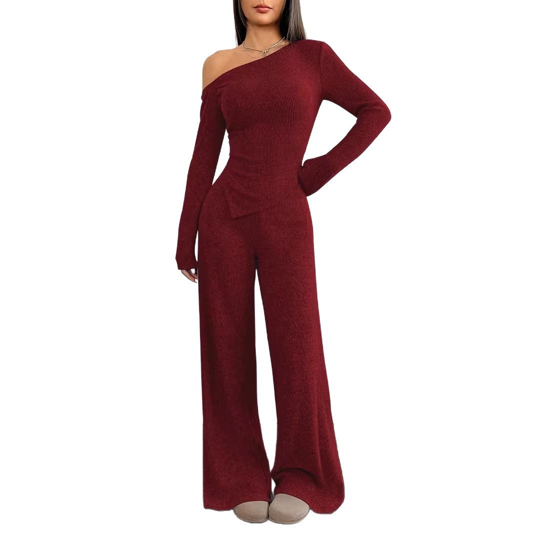 Women's One-Shoulder Knit Two-Piece Set Slim Fit Long Sleeve Top & Wide Leg Pants