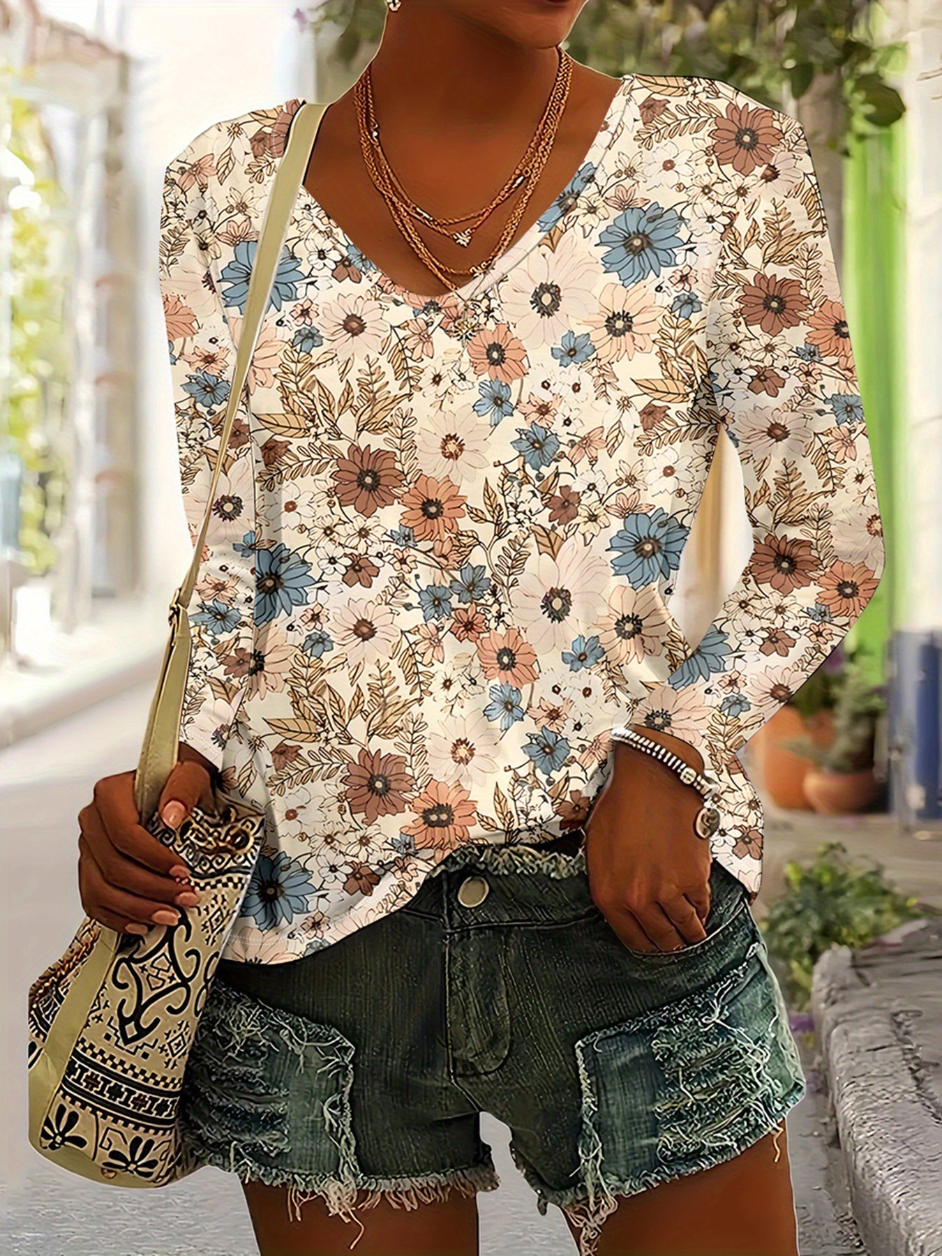 Bohemian Floral V-Neck Long-Sleeve Loose Casual T-Shirt