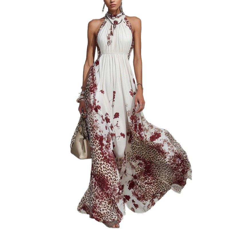 Leopard Print Halter Maxi Dress with Waist-Cinching Fit