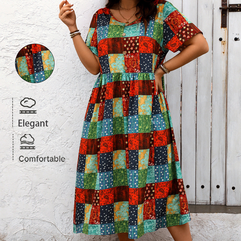 Women's Summer Floral Print Long Dress Round Neck Loose Plus Size