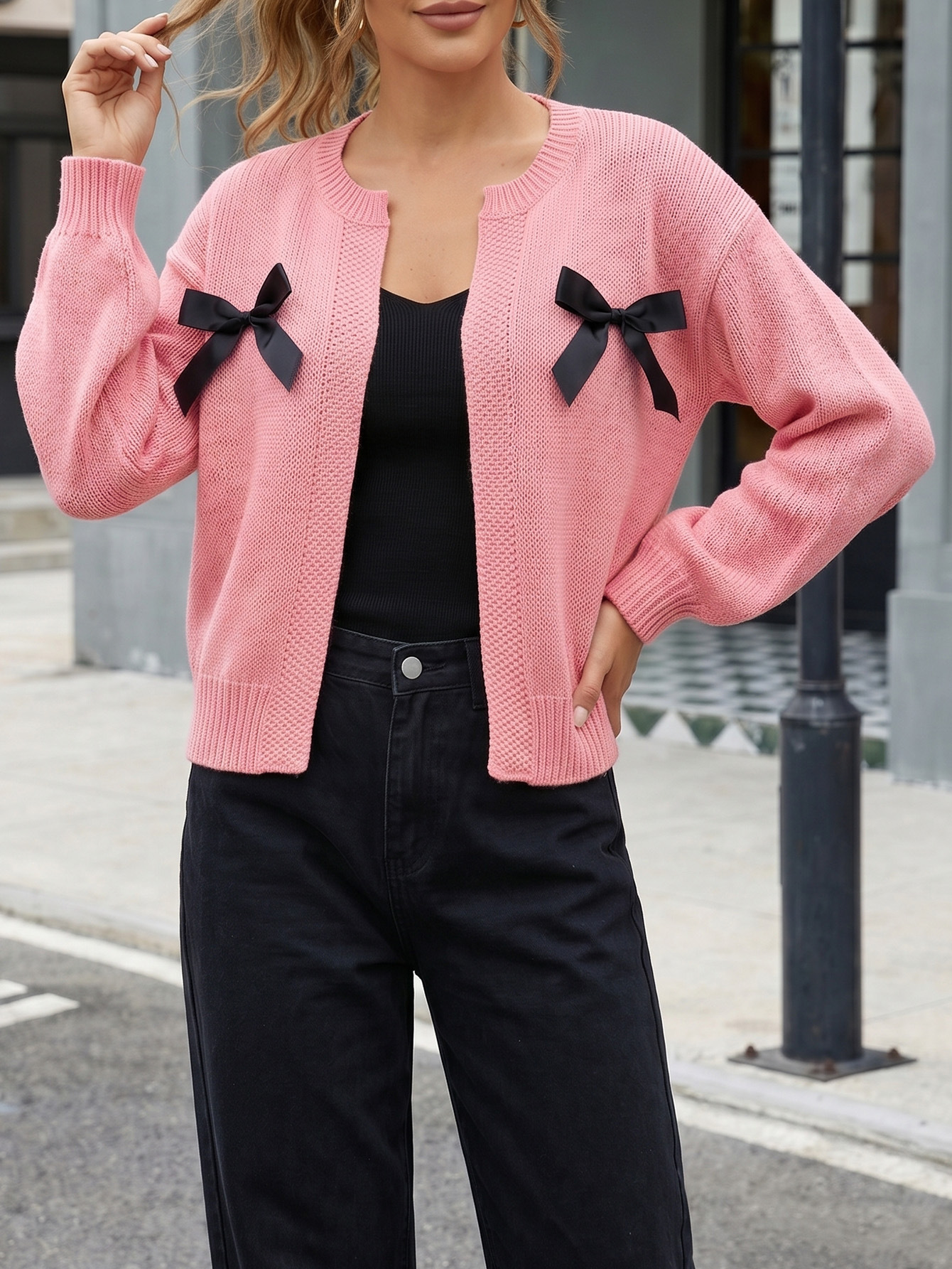 Ribbon Bow Knit Cardigan Women Crewneck Long Sleeve Sweater