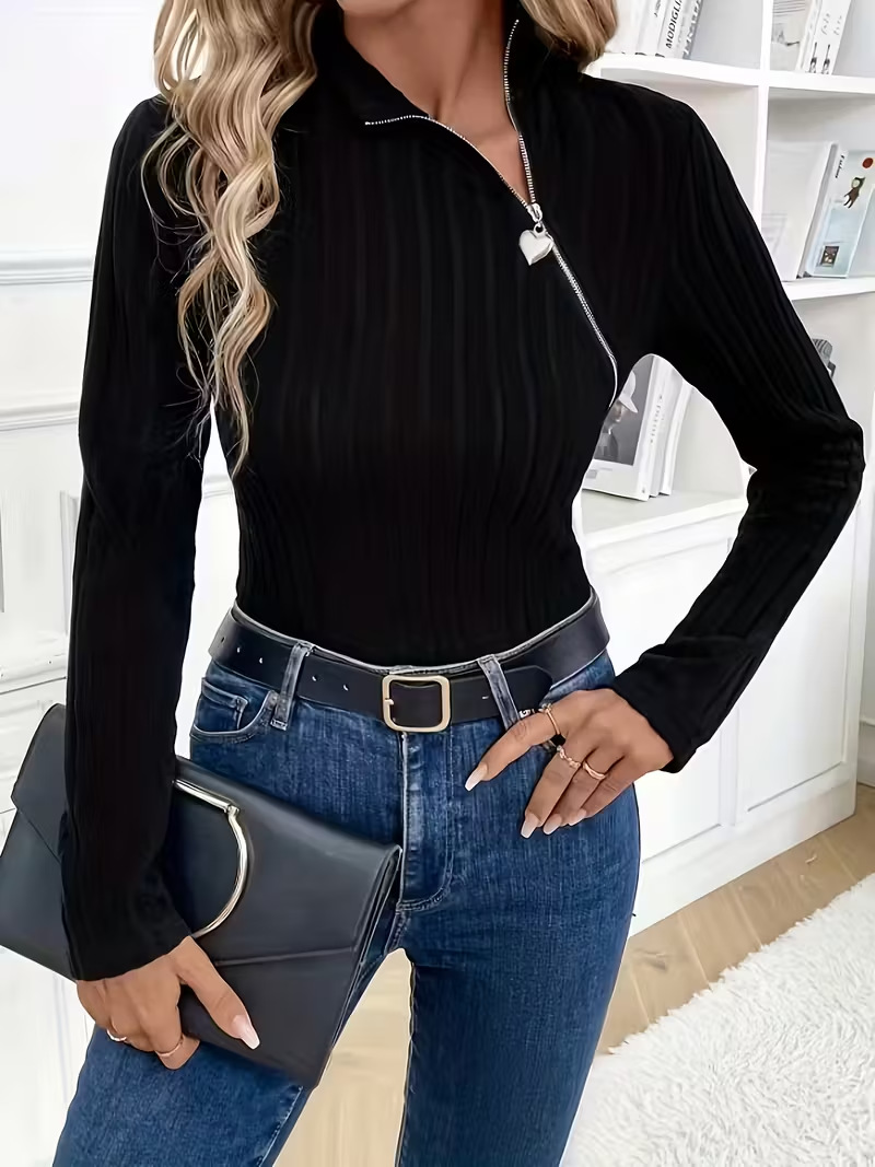 Women's Slim Fit Knit Top with Asymmetric Heart Zip Collar Long Sleeve