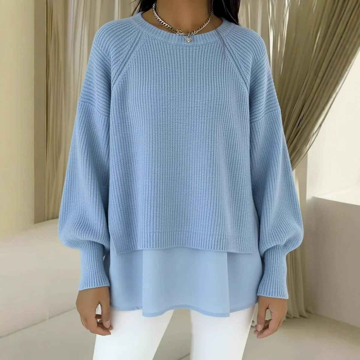 Solid Crewneck Sweater with Chiffon Hem and Lantern Sleeves
