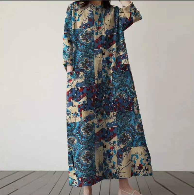 Women's Cotton-Linen Floral Print Round Neck Loose A-Line Midi Dress