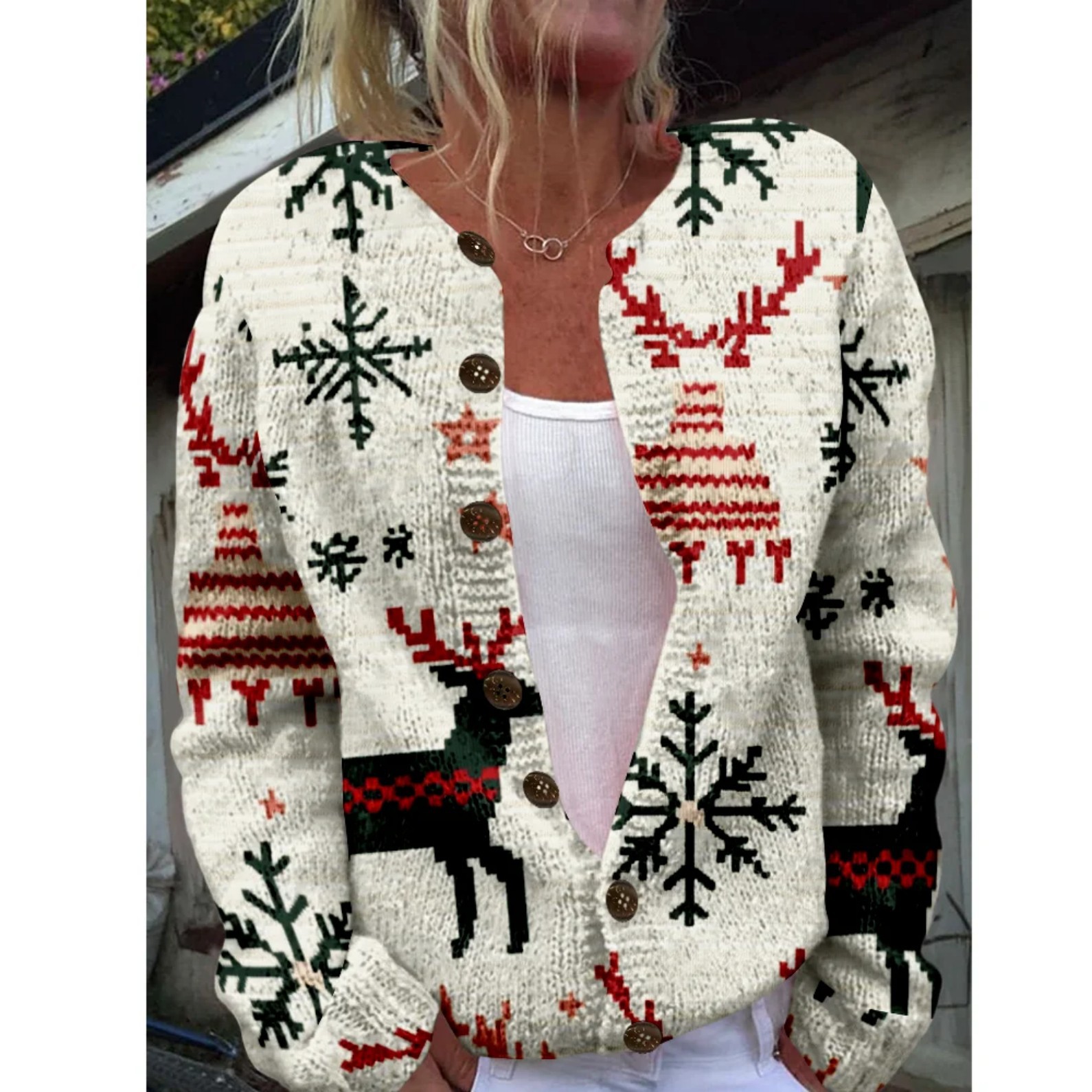 Women's Christmas Santa Print Button Cardigan Sweater
