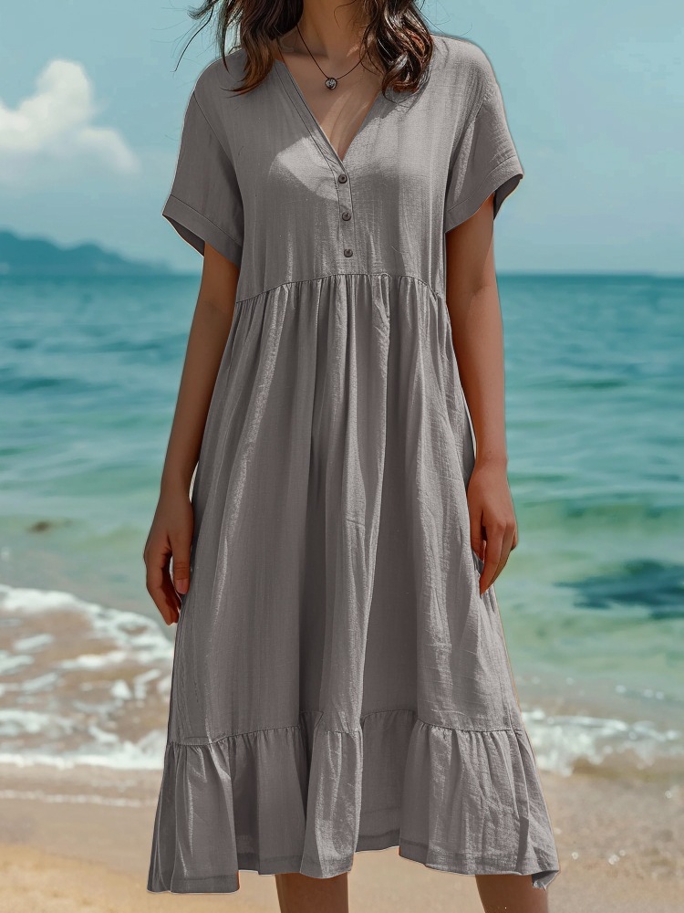 V-Neck Three-Button Short Sleeve High Waist Ruffle Midi Dress