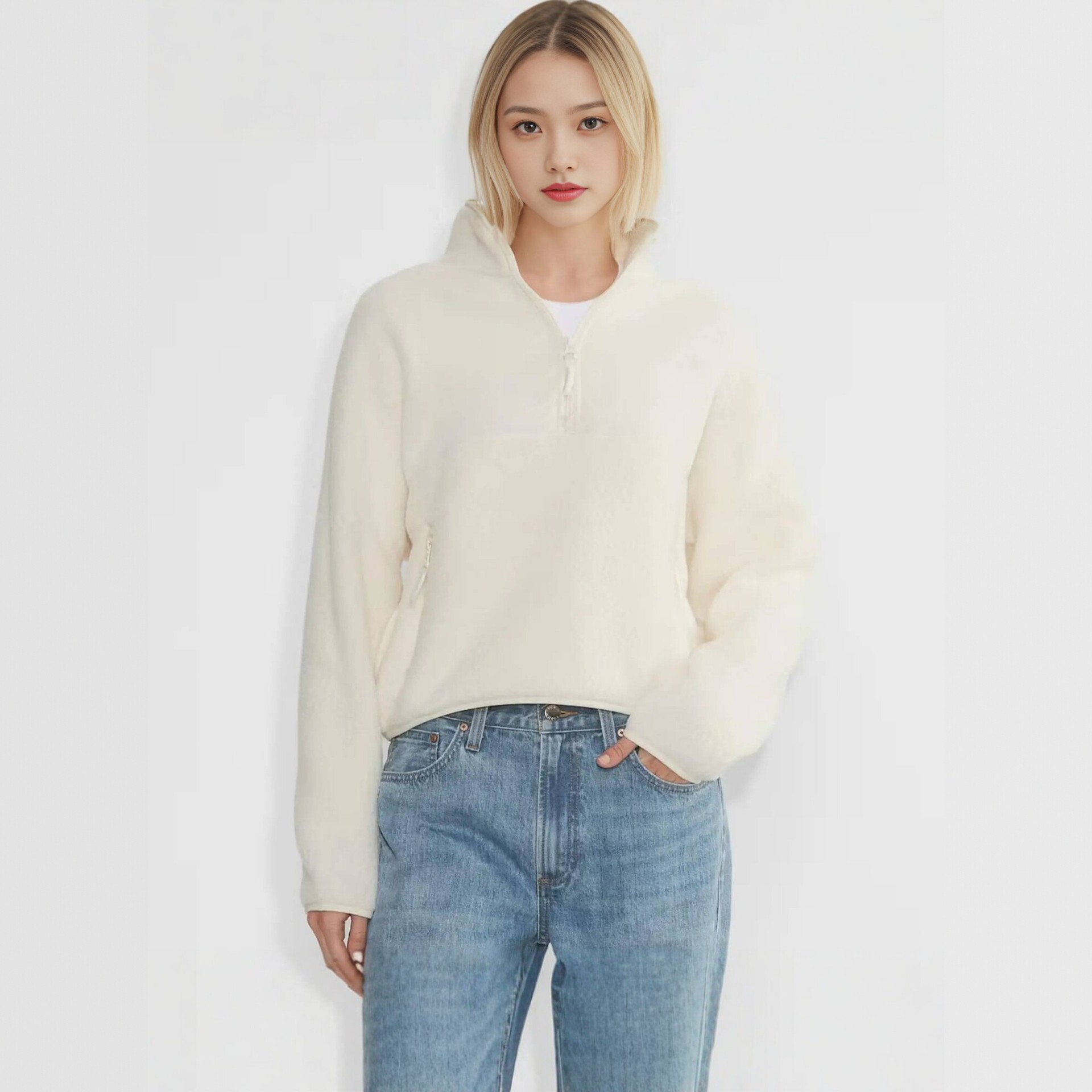 Women's Retro Fleece Half-Zip Pullover Sweatshirt Solid Stand Collar