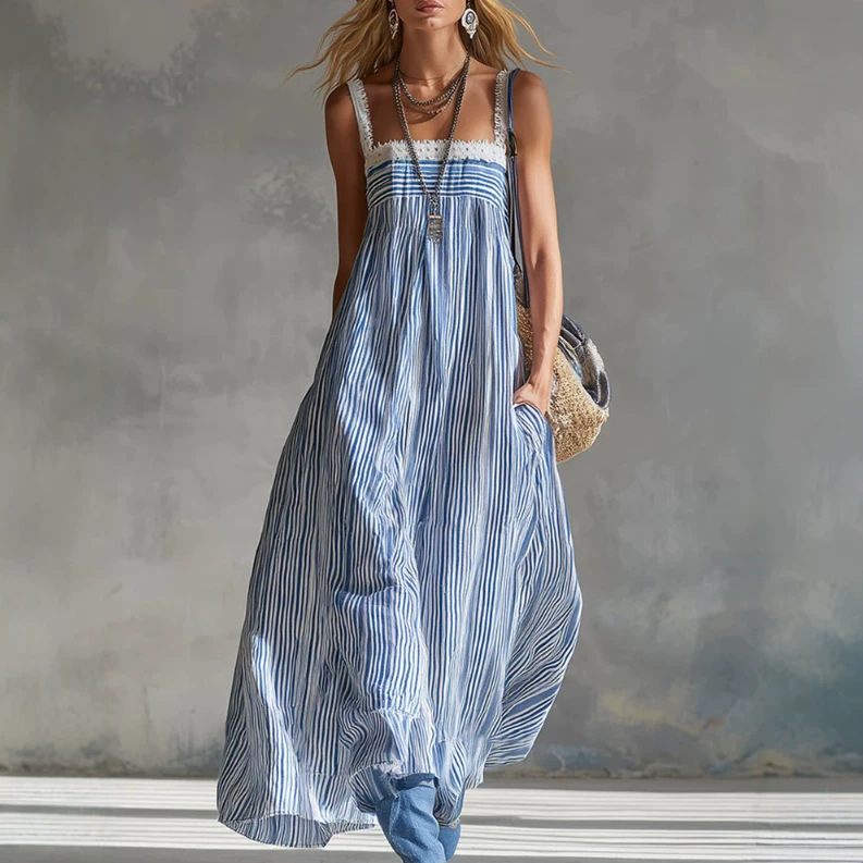 Elegant Blue Striped Square Neck Lace Trim Long Dress