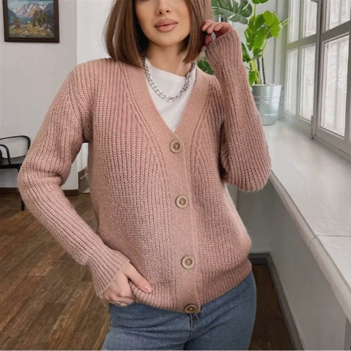 V-Neck Four-Button Knit Cardigan Sweater Coat Women's Loose Relaxed Fit