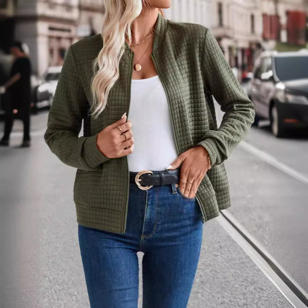 Women's Solid Color Zip-Up Jacket with Textured Finish