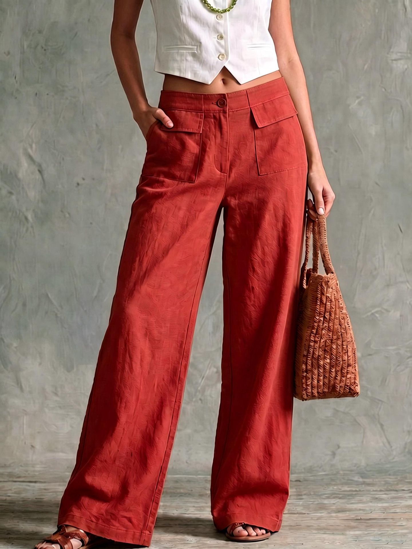 Women's Solid Color Cotton-Linen Wide-Leg Pants High Waist Loose Casual Long Pants