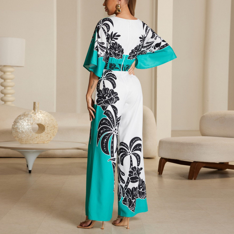 Women's V-Neck Printed Wide-Leg Jumpsuit