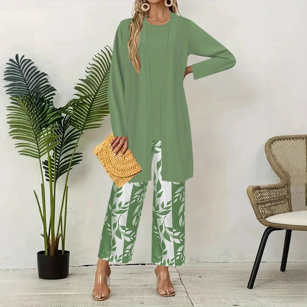 Floral Print 3-Piece Women's Set: Cardigan, Tank Top & Wide-Leg Pants